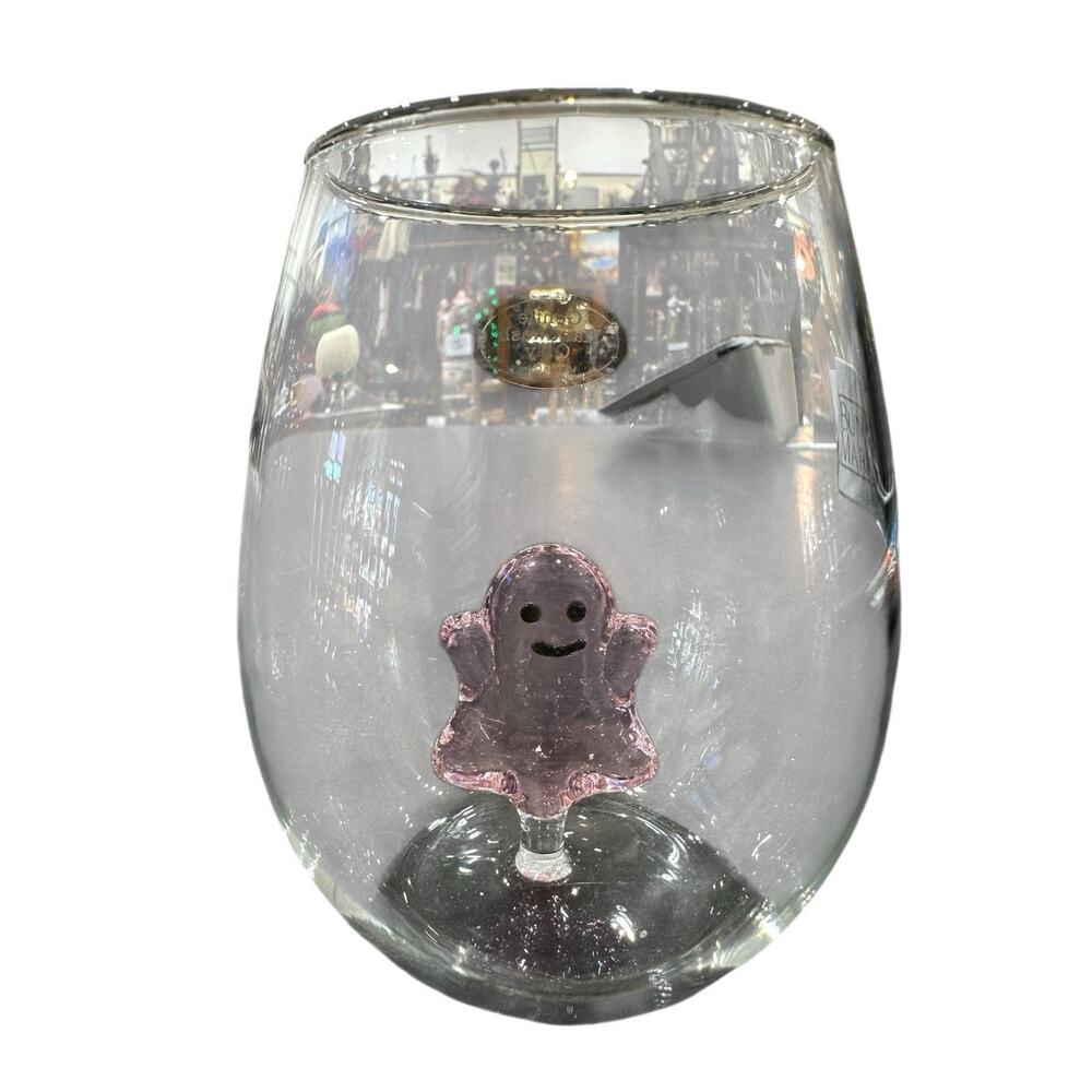 Halloween Clear with a Pink Floating Ghost Pop Up Wine Glass Set Of 2 New - Picture 3 of 4